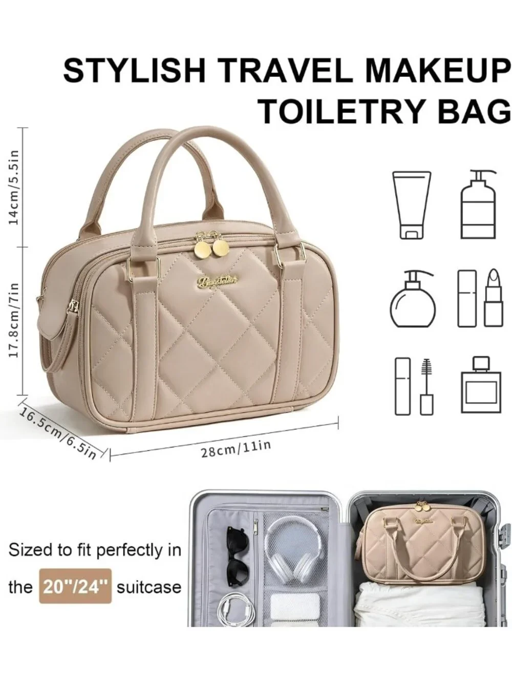 Large Capacity Quilted Travel Makeup Bag - Stand-Up Cosmetic Organizer Pouch